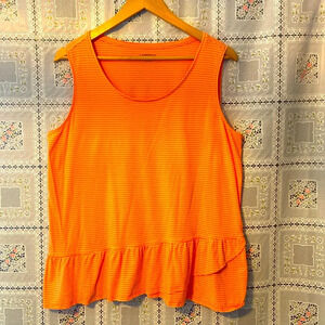 Lands’ End Women’s orange-striped SS top with ruffled hem, cotton